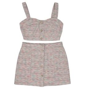 Coquette Preppy Feminine Tweed Crop Top 2-Piece Set (Top: S & Skirt: M)